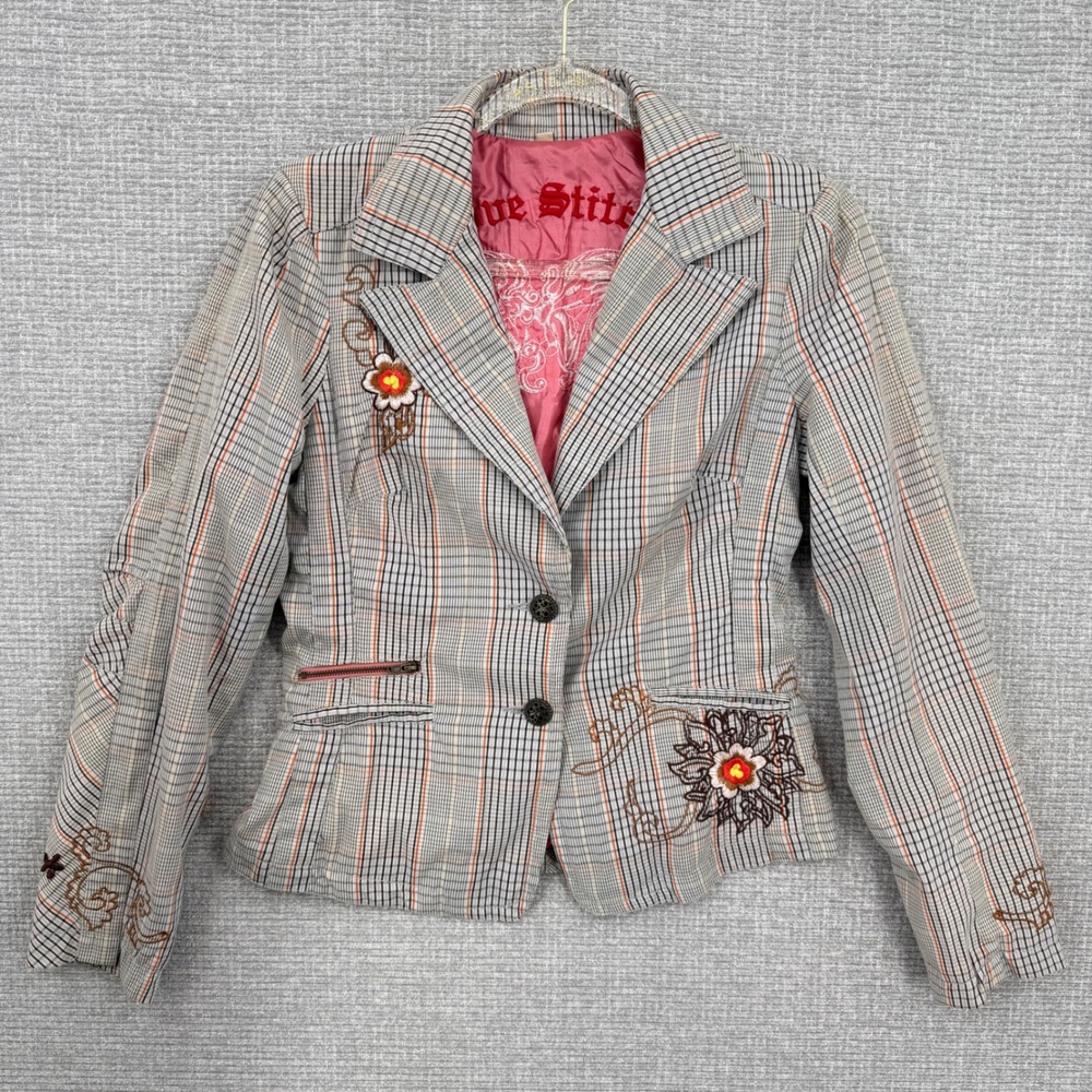 Vtg Y2K Love Stitch Plaid Embroidered Blazer Jacket Women's Size S Gilmore